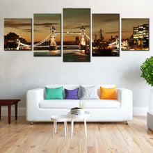 Load image into Gallery viewer, London Bridge Canvas Wall Art Yellow Light Tower Bridge  5 Piece Canvas Print James River Brown City Bridge Multiple Canvas For Living Room
