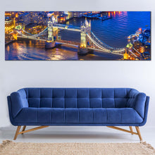 Load image into Gallery viewer, London  Bridge  Canvas  Wall  Art  Yellow  Tower  Bridge  City  Lights  Canvas  Print  England  Blue  River  Thames  1  Piece  Wide  Canvas In Living Room
