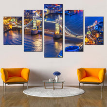 Load image into Gallery viewer, London  Bridge  Canvas  Wall  Art  Yellow  Tower  Bridge  City  Lights  Canvas  Print  England  Blue  River  Thames  5  Piece  Multi  Canvas For Living room
