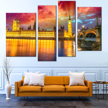 Load image into Gallery viewer, London City River Bridge with Reflection 4 panel canvas print 
