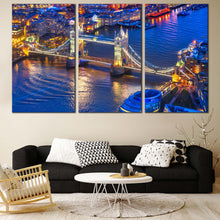 Load image into Gallery viewer, London Cityscape Canvas Wall Art Blue River Thames 3 Piece Multiple Canvas Yellow Tower Bridge City Lights Canvas Set For Living Room
