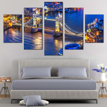 Load image into Gallery viewer, London  Cityscape  Canvas  Wall  Art  Blue  River  Thames  5  Piece  Multiple  Canvas  Yellow  Tower  Bridge  City  Lights  Canvas  Set For Bedroom
