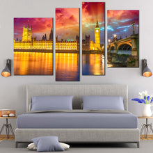 Load image into Gallery viewer, London Palace Westminster Bridge Over River Thames purple pink Sky 4 piece wall decor 
