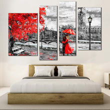 Load image into Gallery viewer, London Street Canvas Wall Art Red Tree Umbrella Couple  4 Piece Canvas England Black and White City Canvas Print 
