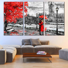 Load image into Gallery viewer, London Street Canvas Wall Art Red Tree Umbrella Couple  3 Piece Canvas England Black and White City Canvas Print In Living Room
