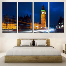 Load image into Gallery viewer, London Westminster Canvas Wall Art Light Trail Blue Sky City Canvas Artwork Gold Green Clock Tower City  4 Piece Canvas Print For Bedroom
