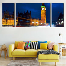 Load image into Gallery viewer, London Westminster Canvas Wall Art Light Trail Blue Sky City Canvas Artwork Gold Green Clock Tower City  3 Piece Canvas Print For Living Room
