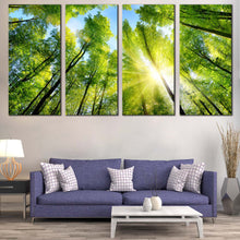 Load image into Gallery viewer, Looking Up Canvas Print Autumn Forest  4 Piece Canvas Looking Up Green Trees Canvas Wall Art Blue Sky Yellow Sunrise Canvas Artwork In Living room
