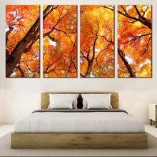 Load image into Gallery viewer, Looking Up Canvas Wall Art Brown Trees Branches Canvas Artwork Looking Up Orange Trees Forest  4 Piece Canvas Print In Bedroom
