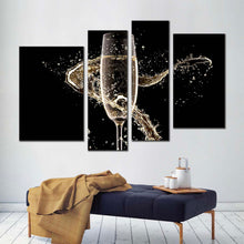 Load image into Gallery viewer, Luxury Champagne Canvas Wall Art Black Background Champagne Glass Canvas Yellow Alcohol Splash Swirl 4 Piece Canvas Print
