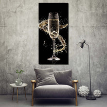 Load image into Gallery viewer, Luxury Champagne Canvas Wall Art Black Background Champagne Glass Vertical Canvas Yellow Alcohol Splash Swirl 1 Piece Canvas Print For Living Room
