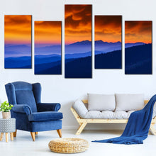 Load image into Gallery viewer, Majestic Mountains Canvas Print Blue Ukraine Mountains Landscape  5 Piece Canvas Wall Art Dramatic Orange Cloudy Sky Landscape Multiple Canvas
