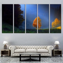 Load image into Gallery viewer, Majestic Scenery Canvas Wall Art Golden Orange Trees Landscape Split Canvas Blue Sky Sun Beam Landscape  5 Piece Canvas Print For Living Room
