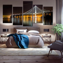 Load image into Gallery viewer, Majestic white bridge reflection at night San francisco 5 piece canvas print For Your Bedroom
