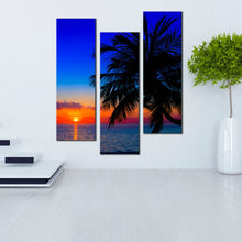 Load image into Gallery viewer, Maldives  Amazing  Blue  Ocean  Evening  Dawn  Orange  Sky  Palm  Tree  Triptych  Decor 
