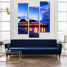 Load image into Gallery viewer, Maldives  Beach  Glowing  Resorts  Blue  Clouds  at  Night  3  Pieces  Art  Work In Living Room
