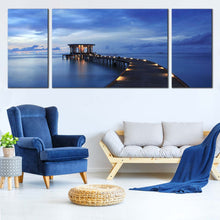 Load image into Gallery viewer, Maldives Pier Canvas Print Beautiful Blue Cloudy Pier Seascape  3 Piece Canvas Wall Art Yellow Wooden Pier Lights Canvas Artwork In Living Room
