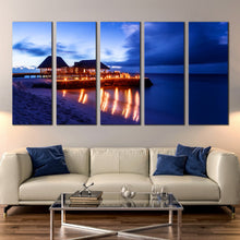 Load image into Gallery viewer, Maldives beach Glowing Huts Resorts dark blue sky ocean artwork 5 Piece wall art decor For Living Room
