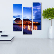 Load image into Gallery viewer, Maldives  beach  Glowing  Huts  Resorts  dark  blue  sky  ocean  artwork  Triptych  wall  Decor 
