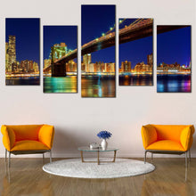 Load image into Gallery viewer, Manhattan Bridge Canvas Wall Art Yellow Brooklyn Bridge Night View Canvas Print New York Blue Sky 5 Piece Multiple Canvas For Your Living Room
