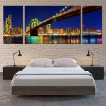 Load image into Gallery viewer, Manhattan  Bridge  Canvas  Wall  Art  Yellow  Brooklyn  Bridge  Night  View  Canvas  Print  New  York  Blue  Sky  Bedroom  3  Piece  Multiple  Canvas For Bedroom
