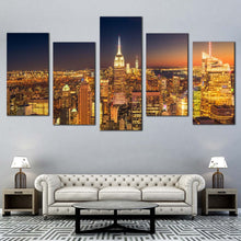 Load image into Gallery viewer, Manhattan City Canvas Wall Art New York Empire State Building  5 Piece Canvas Print Yellow NYC Midtown at Night Multi Panel Art
