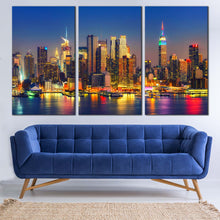 Load image into Gallery viewer, Manhattan Cityscape Canvas Wall Art Blue Sky New York City 3 Piece Multiple Canvas Yellow Midtown Manhattan Lights Reflection Canvas Print In Your Living room
