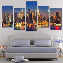 Load image into Gallery viewer, Manhattan Cityscape Canvas Wall Art Blue Sky New York City 5 Piece Multiple Canvas Yellow Midtown Manhattan Lights Reflection Canvas Print For Bedroom
