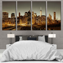 Load image into Gallery viewer, Manhattan Downtown Canvas Print Brown New York City Skyline  4 Piece Canvas Grey Sky Cityscape Canvas Wall Art For Bedroom
