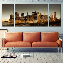 Load image into Gallery viewer, Manhattan  Downtown  Canvas  Print  Brown  New  York  City  Skyline  Wide  Canvas  Grey  Sky  Cityscape 3  Piece  Canvas  Wall  Art In Living Room
