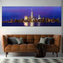 Load image into Gallery viewer, Manhattan  Skyline  Canvas  Wall  Art  Black  New  York  at  Night  Canvas  Artwork  Downtown  Manhattan  Blue  Purple  Sky  Living  Room  1  Piece  Canvas  Print In Living Room
