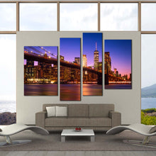Load image into Gallery viewer, Manhattan Skyline Canvas Wall Art Blue New York Brooklyn Bridge  4 Piece Canvas Print Brown Freedom Tower Night Cityscape Canvas Set 
