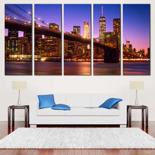 Load image into Gallery viewer, Manhattan Skyline Canvas Wall Art Blue New York Brooklyn Bridge  5 Piece Canvas Print Brown Freedom Tower Night Cityscape Canvas Set For Living Room
