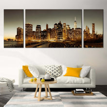 Load image into Gallery viewer, Manhattan  Skyline  Canvas  Wall  Art  Brown  New  York  City  Multi  Canvas  Artwork  Grey  Sky  Cityscape 3  Piece  Canvas  Print  For Living Room
