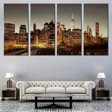 Load image into Gallery viewer, Manhattan Skyline Canvas Wall Art Brown New York City Multi Canvas Artwork Grey Sky Cityscape  4 Piece Canvas Print In Living Room
