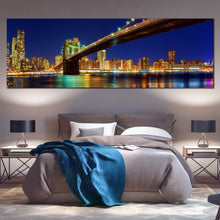 Load image into Gallery viewer, Manhattan  Skyline  Canvas  Wall  Art  New  York  Blue  Sky  Bedroom  Panoramic  Canvas  Print  Yellow  Brooklyn  Bridge  Night  View  Canvas For Bedroom
