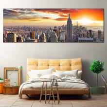 Load image into Gallery viewer, Manhattan Sunset Canvas Wall Art Dramatic Yellow Orange Cloudy Sky Canvas Print Grey New York City Skyline 1 Piece Multi Canvas Artwork For Bedroom
