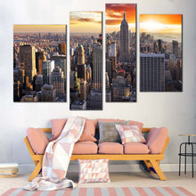 Load image into Gallery viewer, Manhattan Sunset Canvas Wall Art Dramatic Yellow Orange Cloudy Sky Canvas Print Grey New York City Skyline 4 Piece Multi Canvas Artwork
