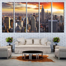 Load image into Gallery viewer, Manhattan Sunset Canvas Wall Art Dramatic Yellow Orange Cloudy Sky Canvas Print Grey New York City Skyline 5 Piece Multi Canvas Artwork For Living Room
