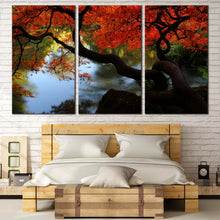 Load image into Gallery viewer, Maple Garden Canvas Print Japanese Red Maple Tree  3 Piece CanvasWall Art Kubota Garden Green Trees Reflection Canvas Set In Bedroom
