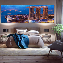 Load image into Gallery viewer, Marina Bay Canvas Print Yellow Cityscape Lights Ship 1 Piece Canvas Blue Singapore Landscape Canvas Wall Art For Bedroom
