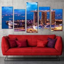 Load image into Gallery viewer, Marina Bay Canvas Print Yellow Cityscape Lights Ship Multi Canvas Blue Singapore Landscape 5 Piece Canvas Wall Art For Living room
