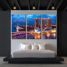 Load image into Gallery viewer, Marina Bay Canvas Print Yellow Cityscape Lights Ship Triptych Multi Canvas Blue Singapore Landscape 3 Piece Canvas Wall Art For Bedroom
