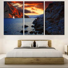 Load image into Gallery viewer, Marmaris Harbor Canvas Wall Art Orange Cloudy Sky Multi Canvas Artwork Turkey Ocean Rocks Canvas Set Blue Ocean Mountains  3 Piece Canvas Print For Bedroom
