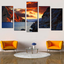 Load image into Gallery viewer, Marmaris Harbor Canvas Wall Art Orange Cloudy Sky Multi Canvas Artwork Turkey Ocean Rocks  5 Piece Canvas Print For Living Room
