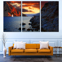 Load image into Gallery viewer, Marmaris Ocean Canvas Print Blue Ocean Mountains 3 Piece Multi Canvas Turkey Orange Cloudy Sky Canvas Wall Art For Living Room
