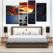 Load image into Gallery viewer, Marmaris Ocean Canvas Print Blue Ocean Mountains  4 Piece Multi Canvas Turkey Orange Cloudy Sky Canvas Wall Art
