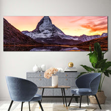 Load image into Gallery viewer, Matterhorn Mountain Canvas Wall Art Yellow Sunset View Riffelsee Lake 1 Piece Canvas Artwork Switzerland Brown White Mountain Landscape Canvas Print In Living Room
