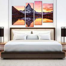 Load image into Gallery viewer, Matterhorn Mountain Canvas Wall Art Yellow Sunset View Riffelsee Lake 4 Piece Multi Canvas Artwork Switzerland Brown White Mountain Landscape Canvas Print
