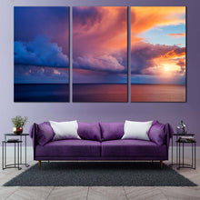 Load image into Gallery viewer, Mediterranean Sea Canvas Wall Art Cape Capo Zafferano Ocean Canvas Artwork Island Sicilia Yellow Sunset  3 Piece Canvas Blue Italy Ocean Sky Canvas In Living Room
